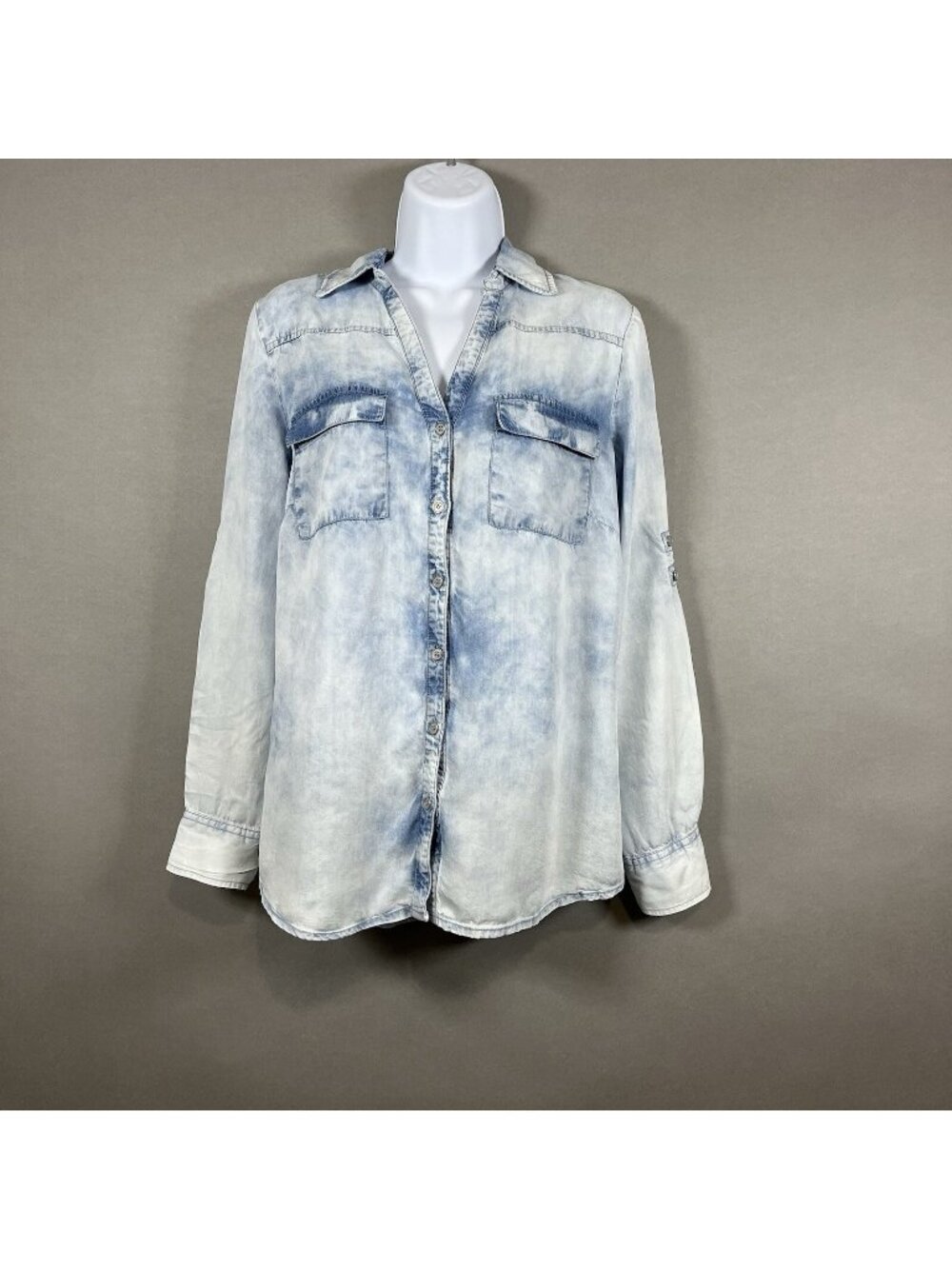 New York & Company Blue Denim Roll Tab Sleeve Shirt